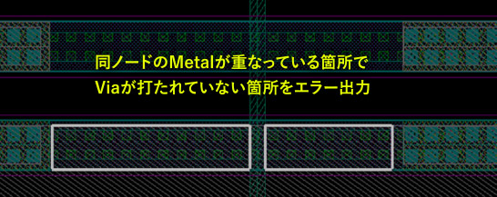 同ノードのMetalが重なっている箇所でViaが打たれていない箇所をエラー出力