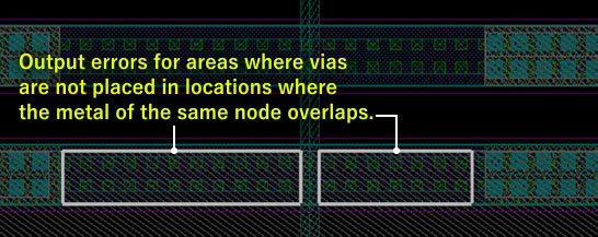Output errors for areas where vias are not placed in locations where the metal of the same node overlaps.